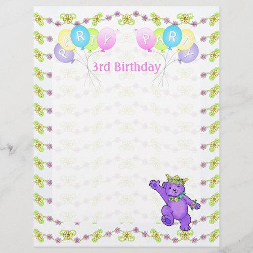 3rd Birthday Princess Bear Party Scrapbook Paper 1