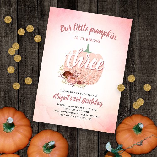 3rd Birthday Pumpkin Rose Gold Glitter Invitation