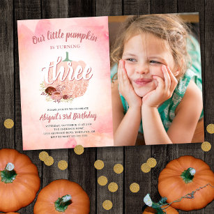 3rd Birthday Pumpkin Rose Gold Glitter Photo Invitation