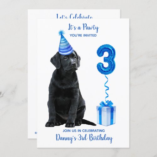 3rd Birthday Puppy Theme_ Cute Dog Blue Boy Pawty Invitation