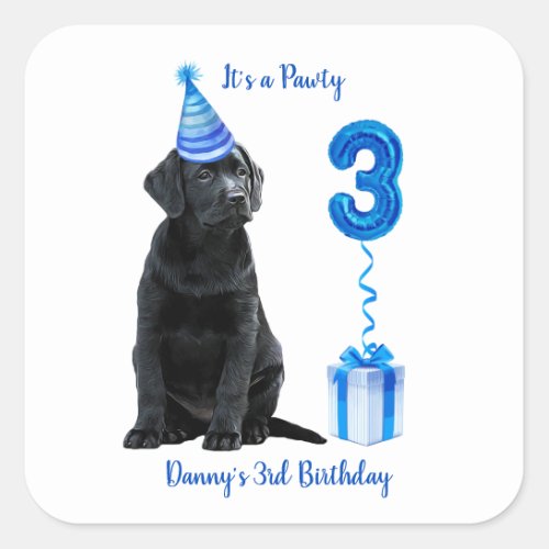 3rd Birthday Puppy Theme_ Cute Dog Blue Boy Pawty Square Sticker