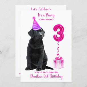 3rd Birthday Puppy Theme- Cute Dog Pink Girl Pawty Invitation
