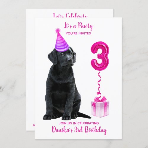 3rd Birthday Puppy Theme_ Cute Dog Pink Girl Pawty Invitation
