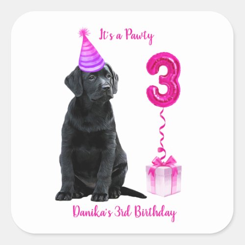 3rd Birthday Puppy Theme_ Cute Dog Pink Girl Pawty Square Sticker