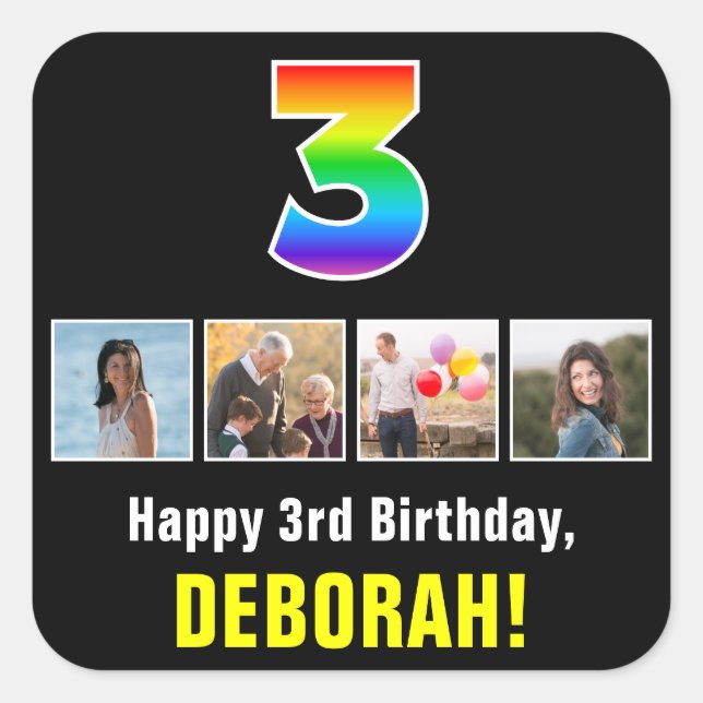 3rd Birthday: Rainbow “3”; Custom Photos & Name Square Sticker (Front)