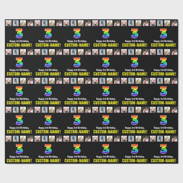 3rd Birthday: Rainbow “3“; Custom Photos & Name Wrapping Paper (Seam)