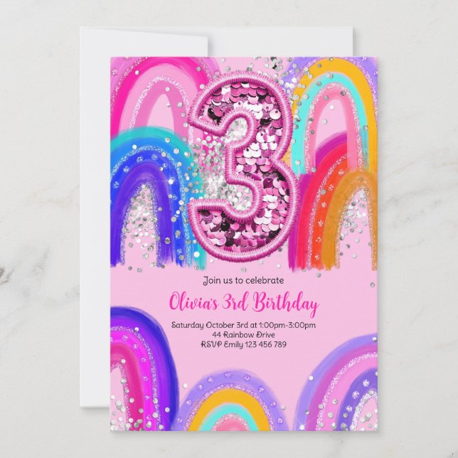 3rd Birthday Rainbow Fun Glitter Invitation (Front)