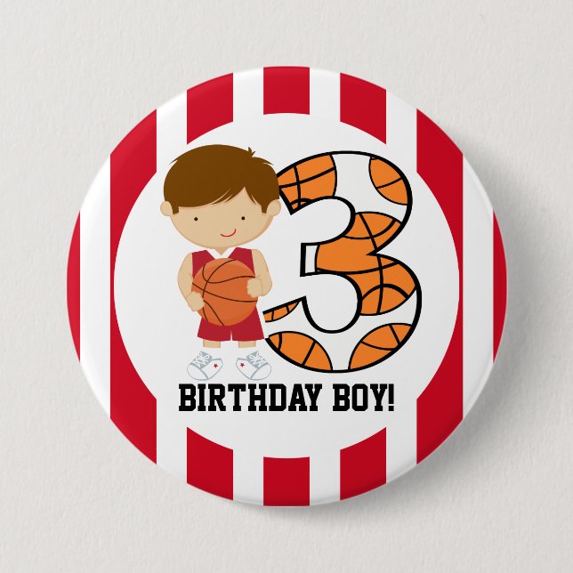 3rd Birthday Red and White Basketball Player v2 Pinback Button (Front)
