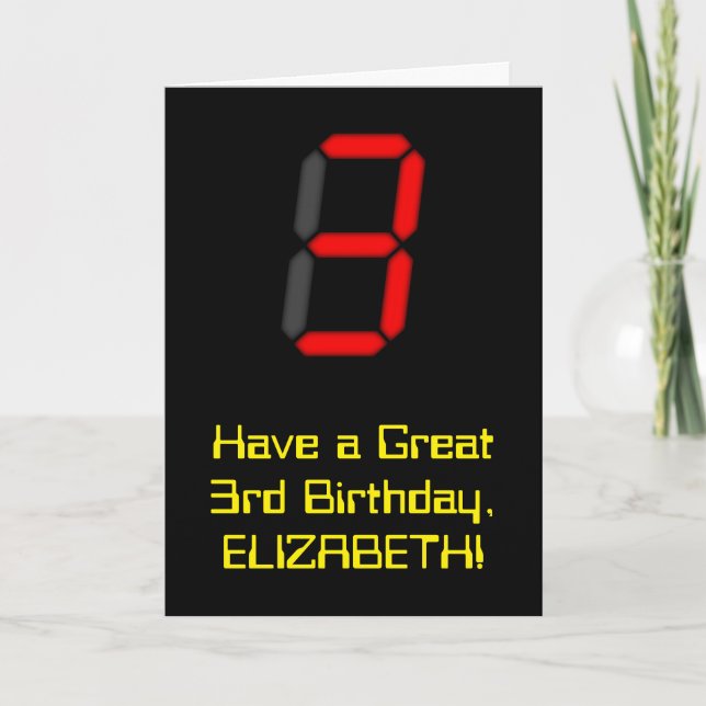 3rd Birthday: Red Digital Clock Style "3" + Name Card (Front)