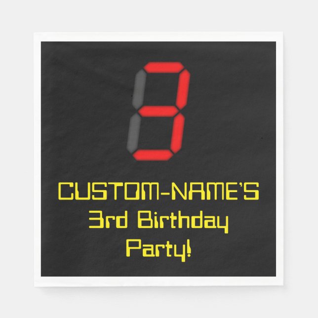 3rd Birthday: Red Digital Clock Style "3" + Name Napkins (Front)