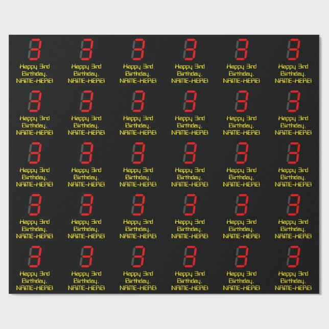 3rd Birthday: Red Digital Clock Style "3" + Name Wrapping Paper (Flat)