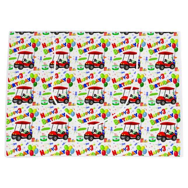 3rd Birthday Red Golf Cart Boy's Pattern Large Gift Bag (Front)