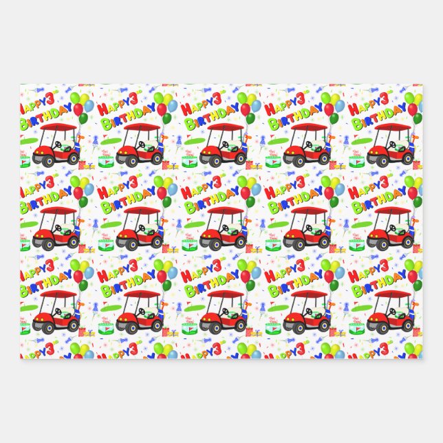 3rd Birthday Red Golf Cart Boy's Pattern Wrapping Paper Sheets (Front)