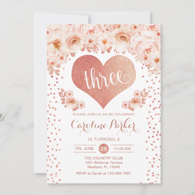 3rd Birthday - Rose Gold Heart White Pink Floral Invitation (Front)