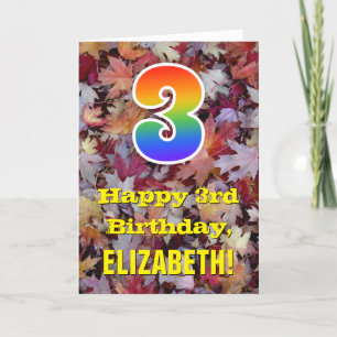 3rd Birthday; Rustic Autumn Leaves; Rainbow "3" Card
