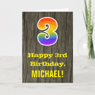3rd Birthday: Rustic Faux Wood Look, Rainbow "3" Card