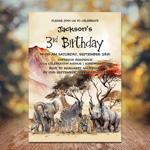 3rd Birthday Safari Animals Birthday Invitation