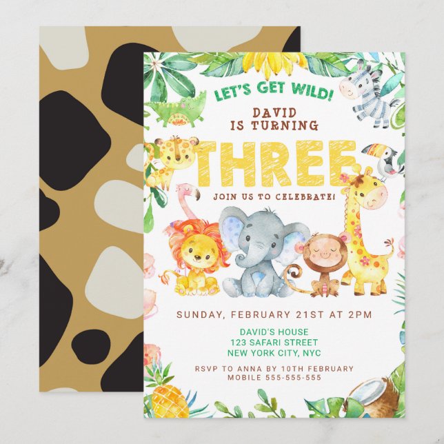 3rd Birthday Safari Animals Jungle Theme Zoo Three Invitation (Front/Back)