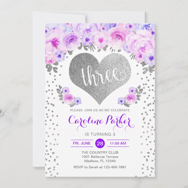 3rd Birthday - Silver Heart White Purple Floral Invitation (Front)