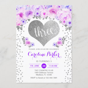 3rd Birthday - Silver Heart White Purple Floral Invitation