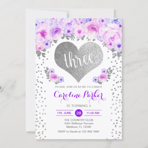 3rd Birthday _ Silver Heart White Purple Floral Invitation
