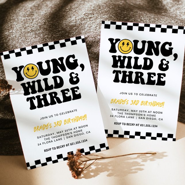3rd Birthday Smiley Face Bolt, Young, Wild & Three Invitation (Creator Uploaded)