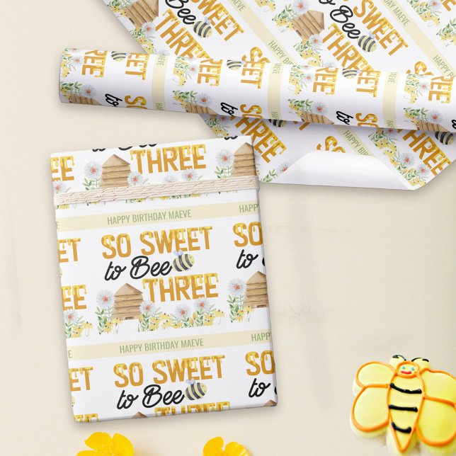 3rd Birthday So Sweet to Bee Three Beehive Wrapping Paper (Personalized 3rd birthday wrapping paper with bee theme and cute pun .. So Sweet to Bee Three)
