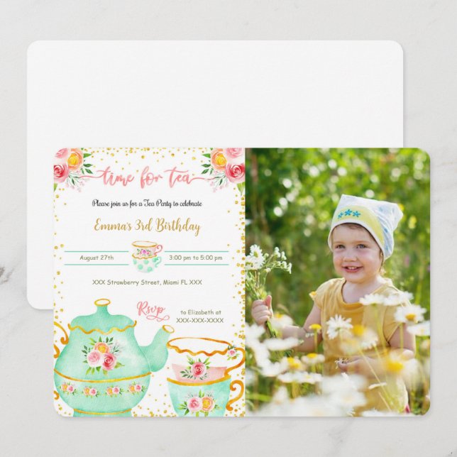 3RD Birthday Tea Party Photo Invitation (Front/Back)