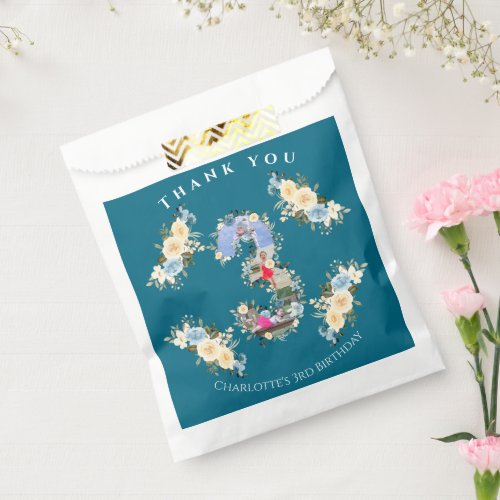 3rd Birthday Teal Flower Photo Collage Blue Yellow Favor Bag