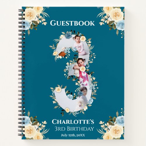 3rd Birthday Teal Flower Photo Yellow Guest Book