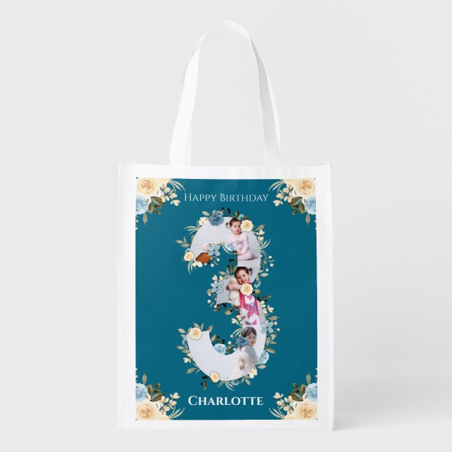 3rd Birthday Teal Photo Collage Blue Yellow Flower Grocery Bag (Front)