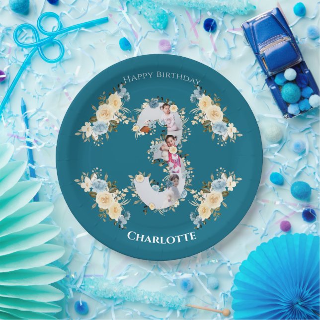 3rd Birthday Teal Photo Collage Blue Yellow Flower Paper Plates (Party)