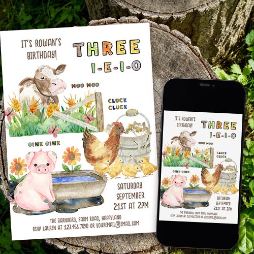 3rd Birthday Three I-E-I-O Boys Farm Animal Theme Invitation