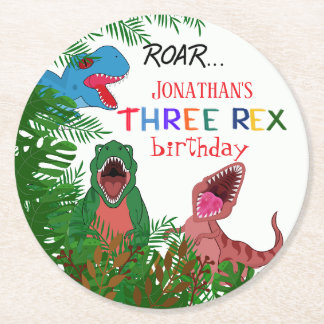 3rd Birthday Three Rex Jurasic Kid Round Paper Coaster