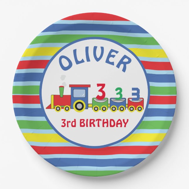 3rd Birthday Train Personalize Name Paper Plates (Front)