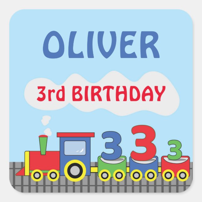 3rd Birthday Train Personalize Name Square Sticker (Front)