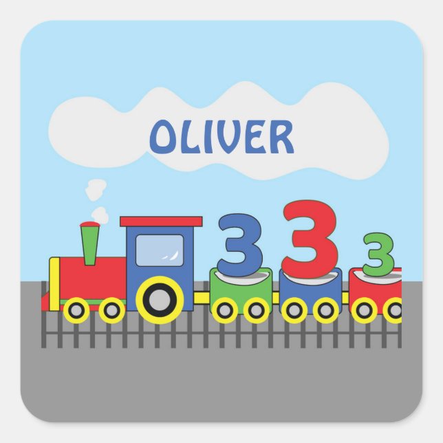 3rd Birthday Train Personalize Name Square Sticker (Front)