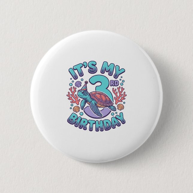 3rd Birthday Turtle Vintage Engraving Design_1 Button (Front)