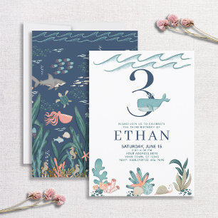 3rd Birthday Under the Sea Watercolor Whale Invitation