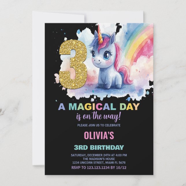 3rd Birthday Unicorn Birthday Invitations (Front)
