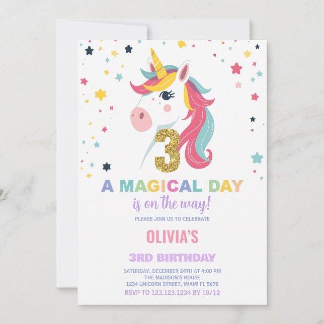 3rd Birthday Unicorn Birthday Invitations (Front)