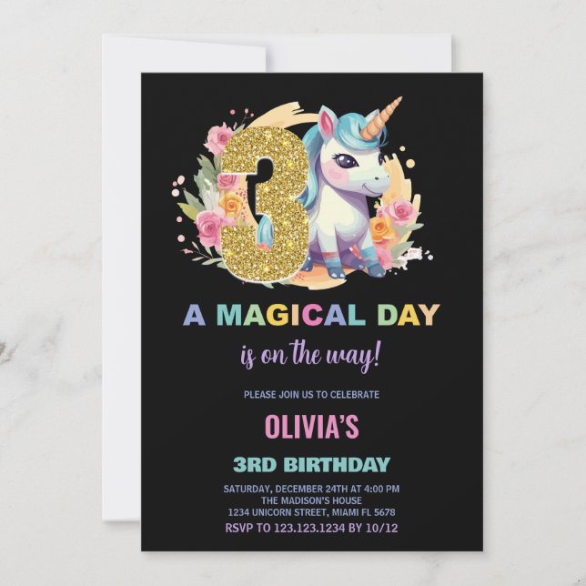 3rd Birthday Unicorn Birthday Invitations (Front)