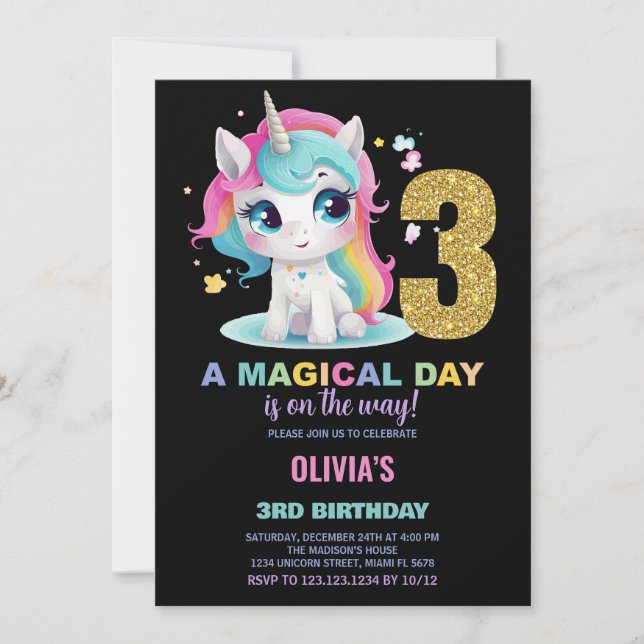 3rd Birthday Unicorn Birthday Invitations (Front)