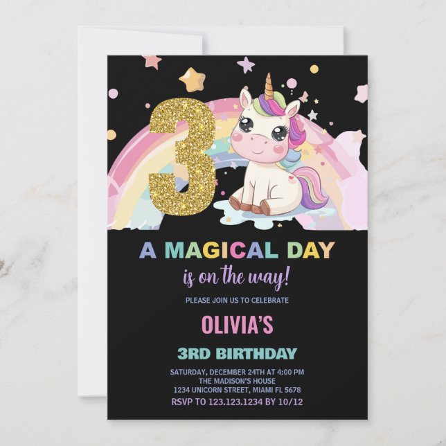 3rd Birthday Unicorn Birthday Invitations (Front)