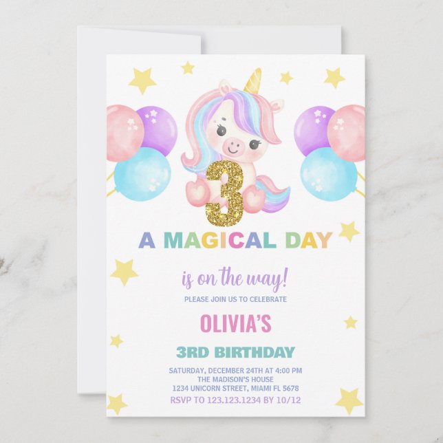 3rd Birthday Unicorn Birthday Invitations (Front)