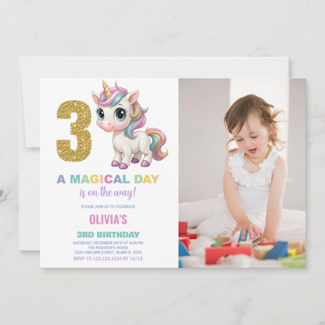 3rd Birthday Unicorn Birthday Invitations photo (Front)