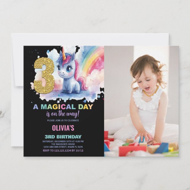 3rd Birthday Unicorn Birthday Invitations photo (Front)