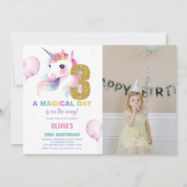 3rd Birthday Unicorn Birthday Invitations photo (Front)
