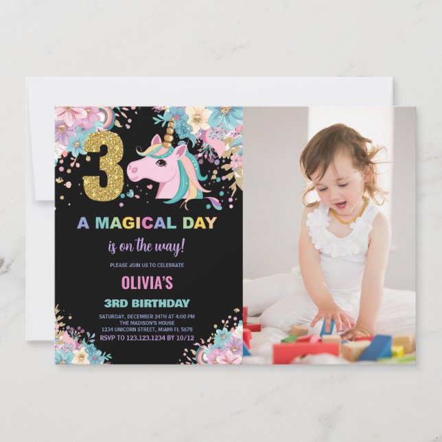 3rd Birthday Unicorn Birthday Invitations photo (Front)