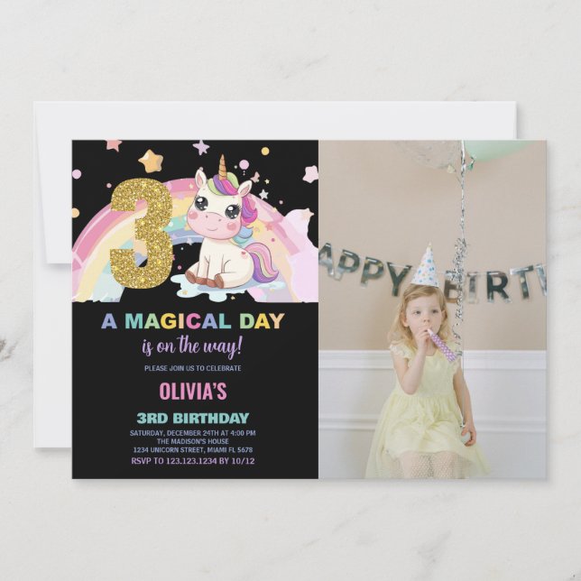 3rd Birthday Unicorn Birthday Invitations photo (Front)